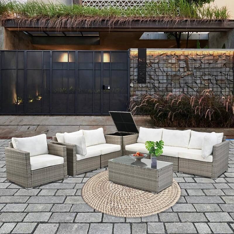 8-Pieces Wicker Outdoor Sectional Set with Glass Coffee Table and Cushions - Beige