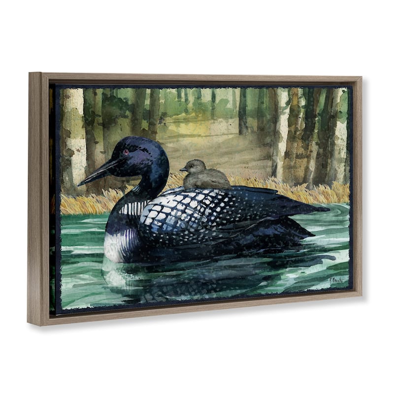 Stupell Loon with Baby on Lake Framed Floater Canvas Wall Art Design By Paul Brent