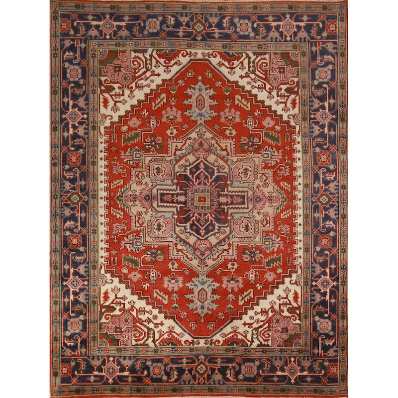 Hand Knotted Oriental 100% Wool Carpet Traditional Medallion Oranges & Rust Heriz (serapi) Area Rug - 9' 10'' X 8' 0''