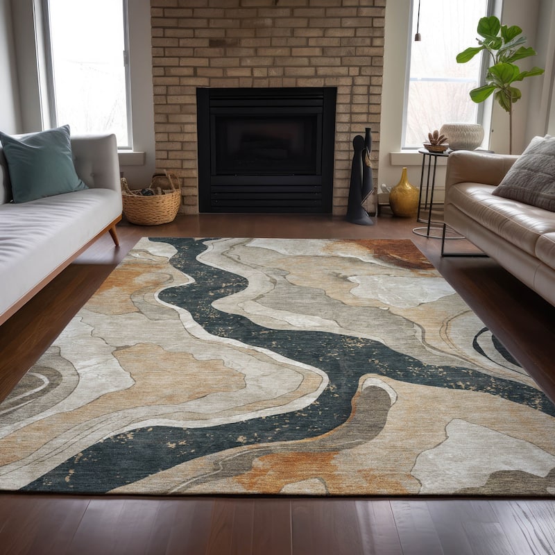 Machine Washable Indoor/Outdoor Contemporary Crackle Chantille Rug