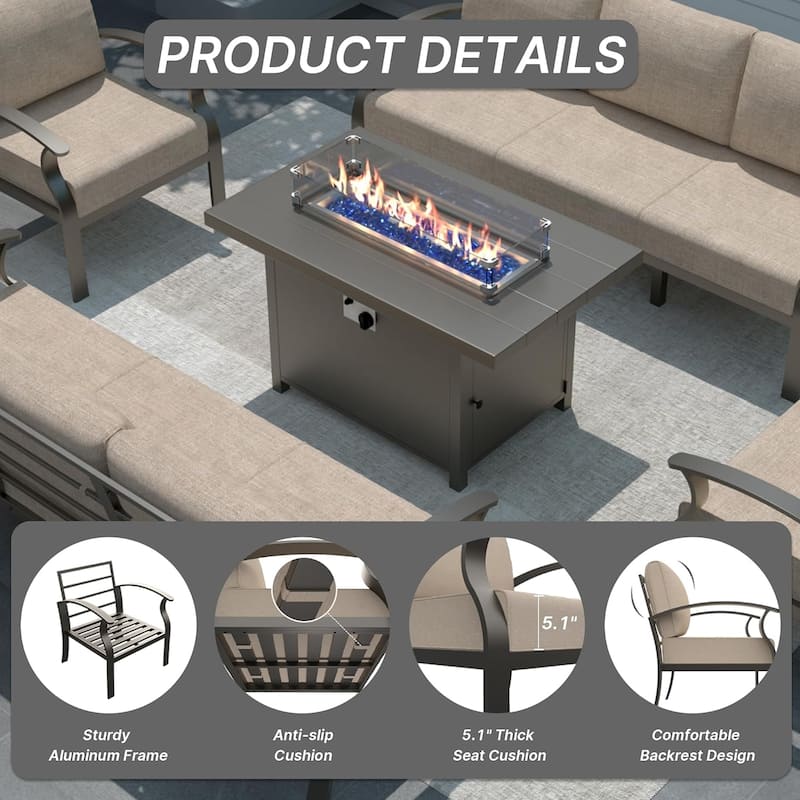 Kullavik Aluminum Outdoor Patio Furniture with Curved Armrests & Firepit Table