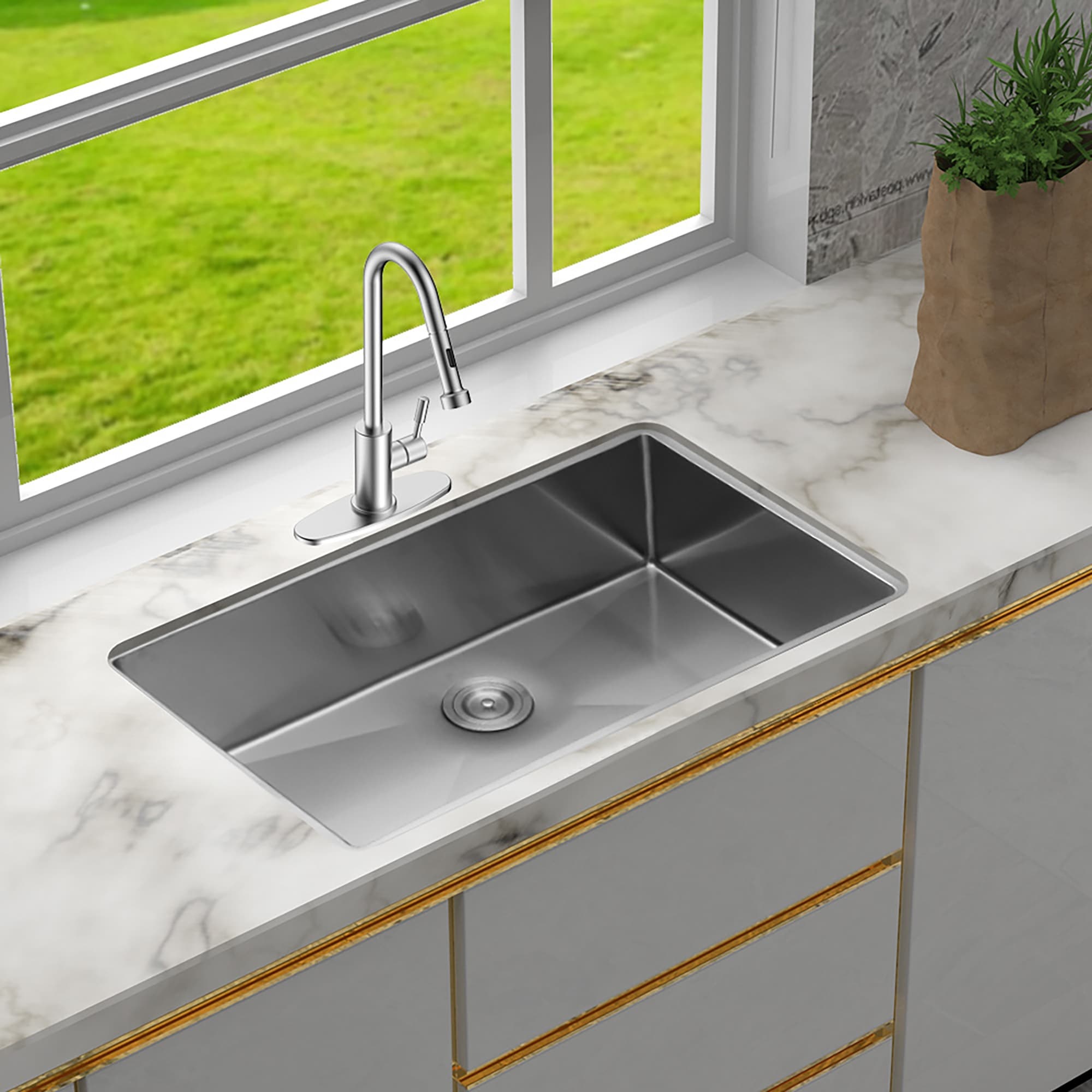 33 Inch. Undermount Single Bowl Brushed Nickel Stainless Steel Kitchen Sink with Drain - 33" x 19" x 9"