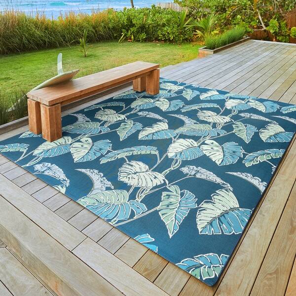 Reyn Spooner Fresco Kukui Navy Blue/Teal Tropical Leaf Flatweave Indoor ...