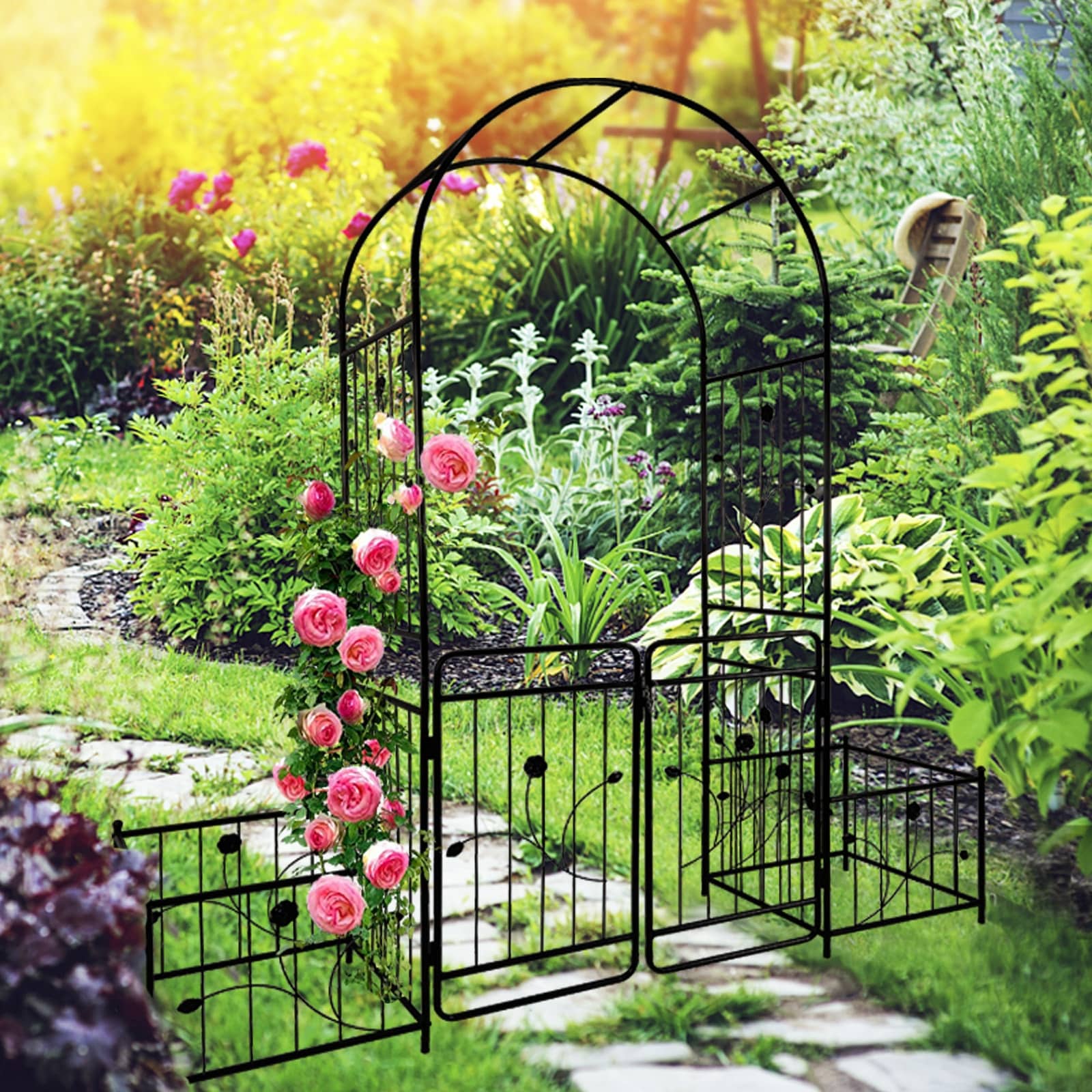 Metal Garden Arch with Gate and Planter Box Heavy Duty Arbor Trellis Arbour Archway for Climbing Plants Support Rack Black