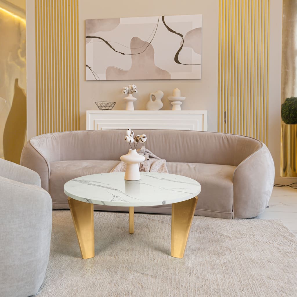 Modern Glam Round Coffee Table Golden Legs with White Faux Marble Veneer - 35.4" W x 17.7" H