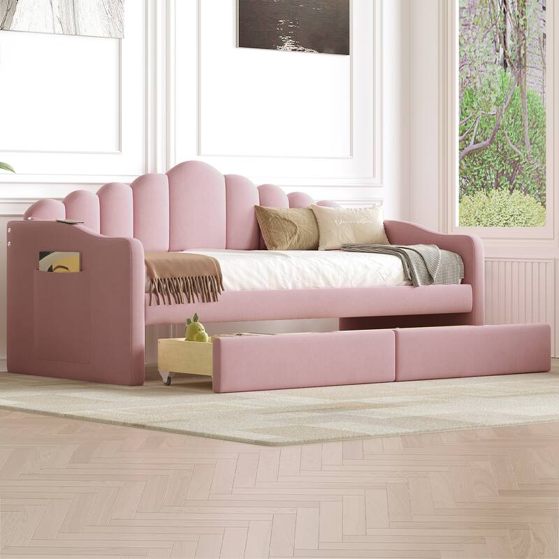 Modern Twin Daybed with Velvet Upholstery, 2 Drawers, and Built-in USB Charging Station