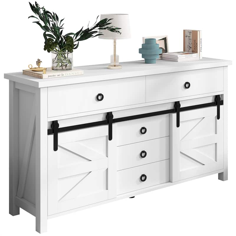 Moasis 54"W Modern White Combo Dresser with 2 Barn Doors, 5 Drawers - White