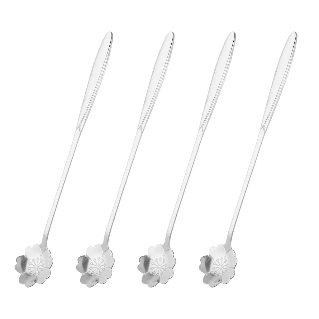 4Pcs 7" Stainless Steel Long Handle Flower Teaspoon Coffee Spoon