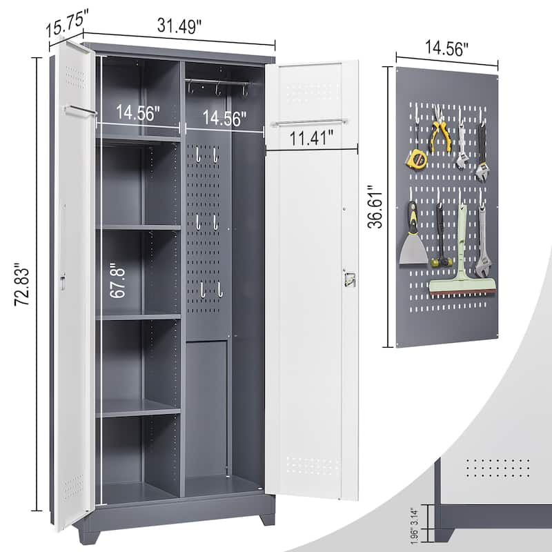 Metal Cleaning Tool Cabinets With Locking Doors, High Broom Tool Storage Cabinets, Adjustable Shelves