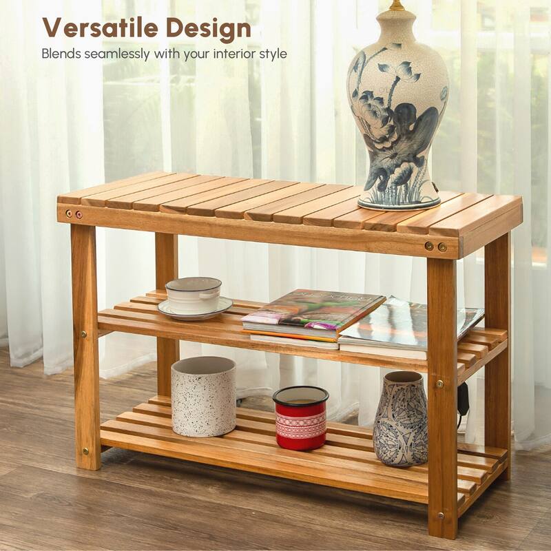 Farmhouse Acacia Wood Shoe Rack Bench 2-Tier Natural Wood Organizer