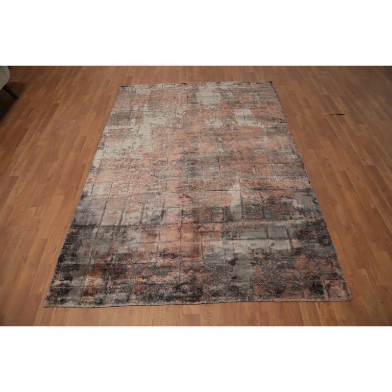 Hand Knotted Oriental Viscose Silk Carpet Modern Abstract Oranges & Rust Abstract Area Rug - 7' 4'' X 5' 3''