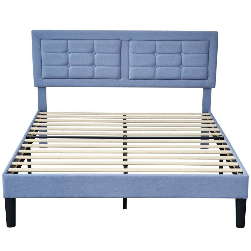 Strong Frame and Wooden Slats Support Bedframe，Platform Bed Frame with Linen Upholstered Headboard,Light Blue Bed Frames