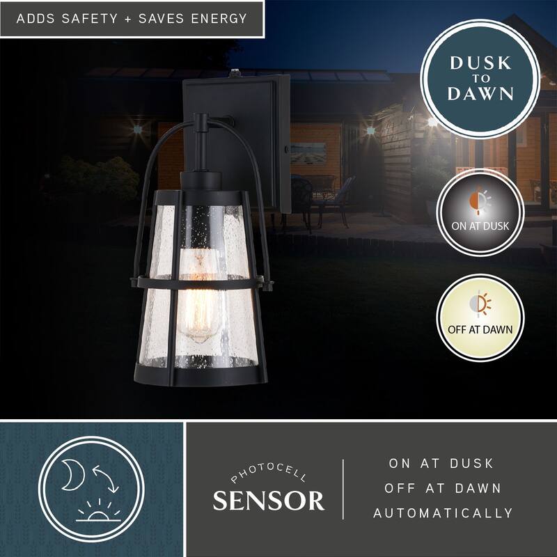 VAXCEL Portage Park 12.75 in. H 1-Light Matte Black Dusk to Dawn Sensor Outdoor Wall Sconce, Steel, Clear Seeded Glass Shade