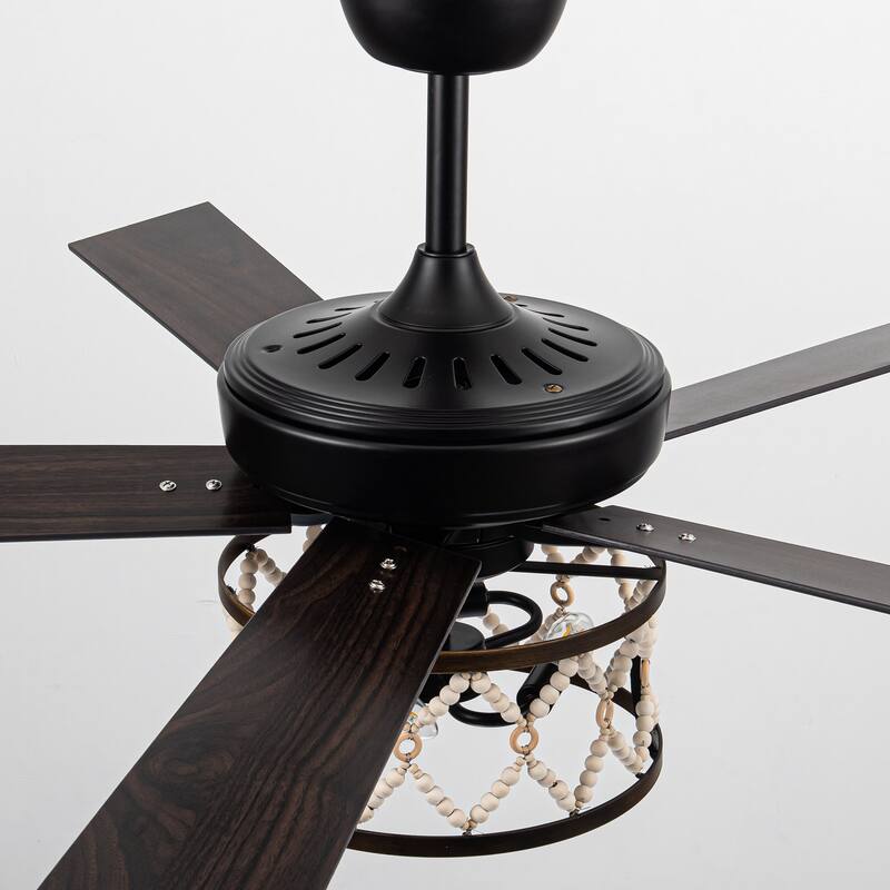 52" Farmhouse Wood Beaded Black Caged Ceiling Fan with Light and Remote