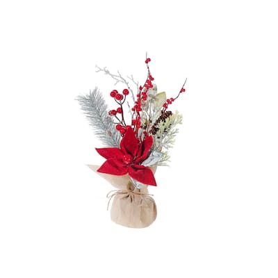 Christmas Poinsettia Spray In Burlap Pot 12" - Set of 2