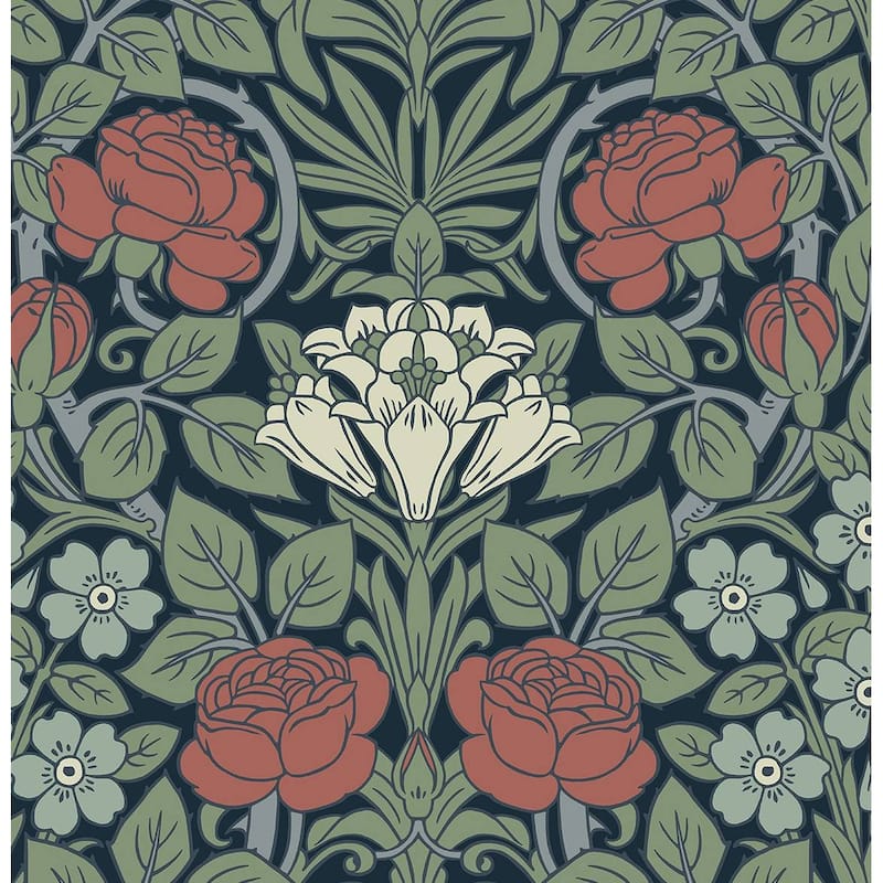 NextWall Vintage Rose Peel and Stick Wallpaper - 20.5 in. W x 18 ft. L - Midnight Blue & Sage