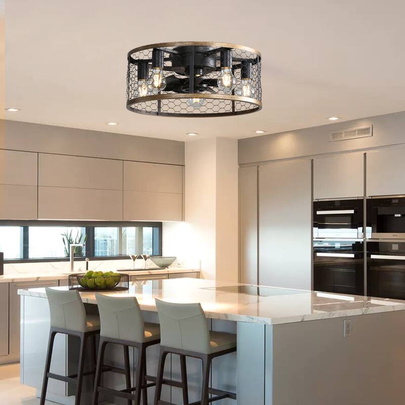 20 Inch Industrial Caged Ceiling Fan, With 7-ABS Blades Remote Control Reversible DC Motor, Small Flush Mount Ceiling Fan