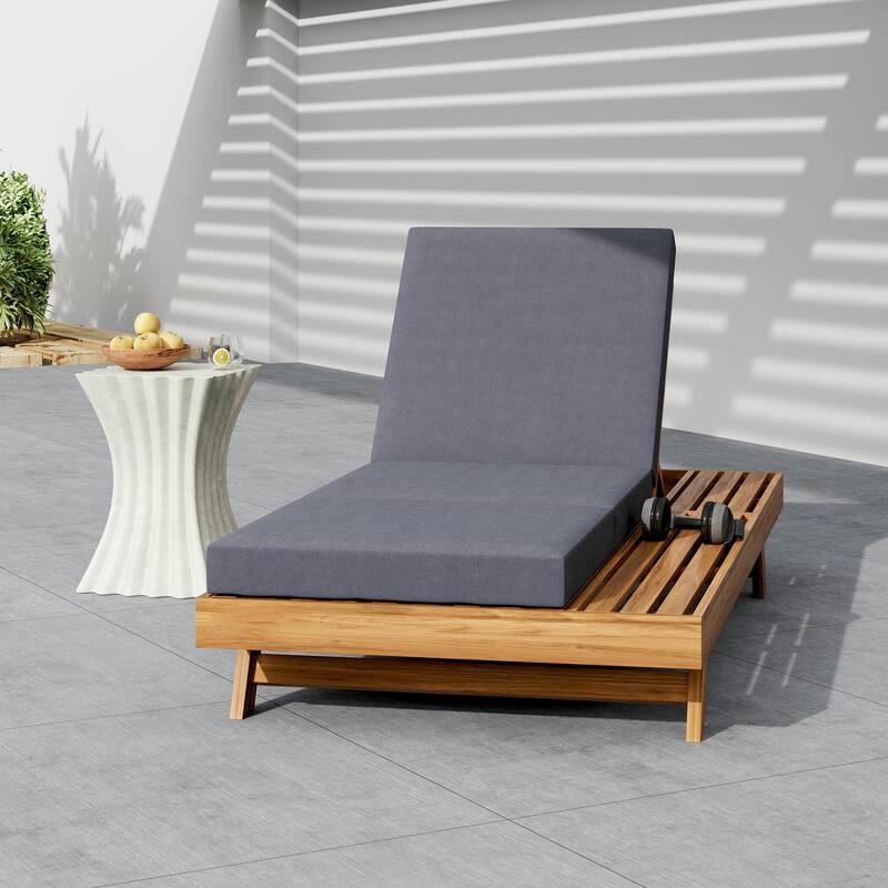 Roomfitters Outdoor Acacia Wood Chaise Lounge: Adjustable Sunbed with Built-in Side Table & Triple-Fold Dark Grey Cushion - Dark Gray,Teak