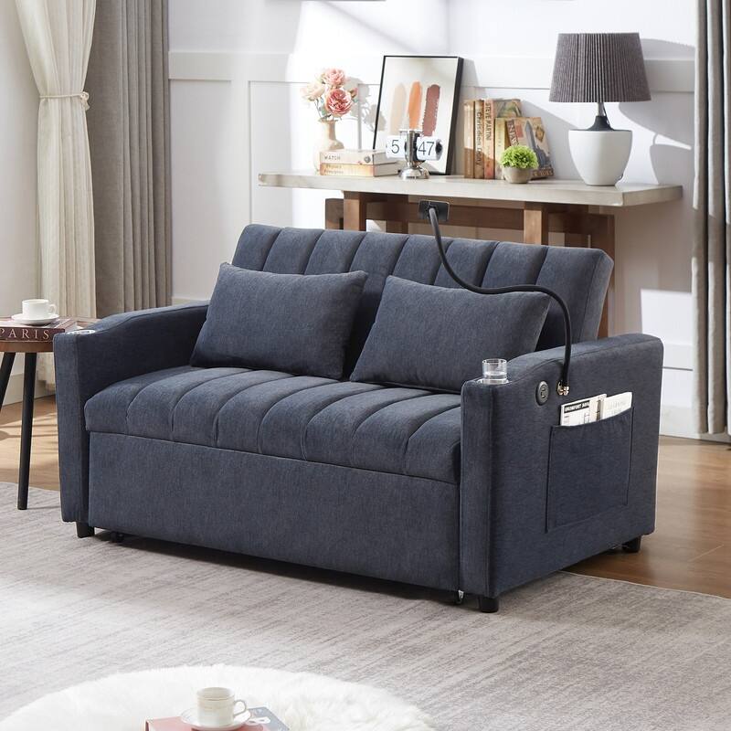 55.9" Convertible Sofa Bed Loveseat Sofa with Three USB Ports, Two Side Pockets, Two Cup Holders and 360°Swivel Phone Holder