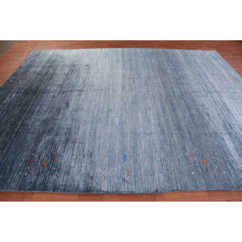 Hand Knotted Oriental Viscose Silk Carpet Tribal Stripe Navy Blue & Blues Gabbeh Area Rug - 11' 5'' X 8' 7''