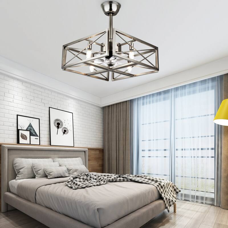 Cusp Barn 20-In Modern Brushed Nickel Caged Ceiling Fan with Lights, Industrial Bladeless Low Profile Flush Mount Ceiling Light