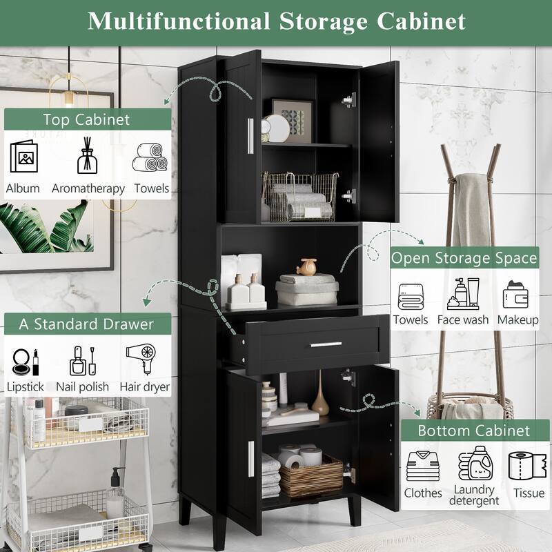 70.9" High Freestanding Tall Bathroom Cabinet with a Drawer, 2 Cabinets, 4 Soft-Close Doors, 2 Adjustable Shelves, Open Storage