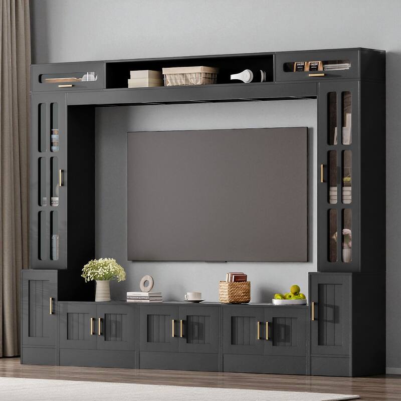 98.4'' Wall Unit Entertainment Center for TVs up to 80'', Modern Media Console with Bookshelves, Glass Doors & Cabinets