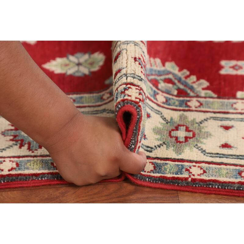 Red Geometric Kazak Foyer Rug Handmade Oriental Wool Carpet - 3'6" x 5'1"