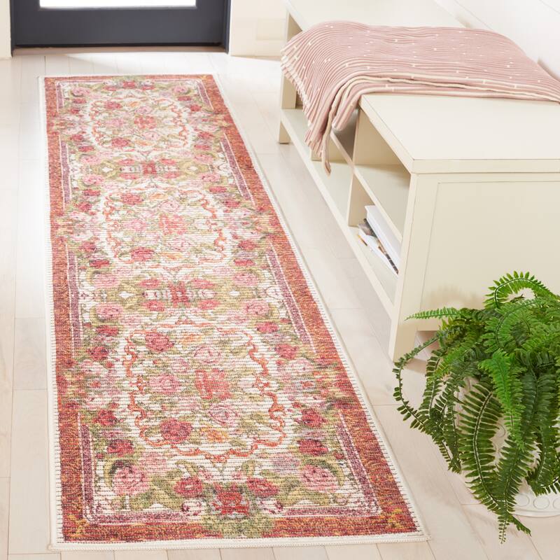 SAFAVIEH Besarabian Machine Washable Jyotsna French Country Rug - 2' x 8' Runner - Ivory/Sage Rust