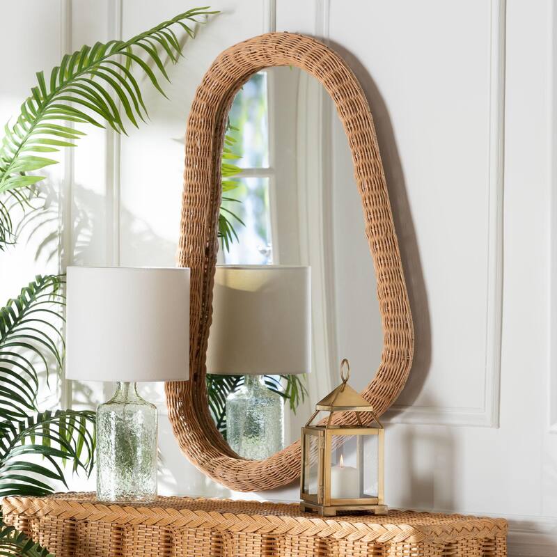 Ulrica Natural Rattan Wall Mirror - Handwoven Wicker Irregular Shape Accent Mirror for Living Room, Bedroom, or Entryway - Honey