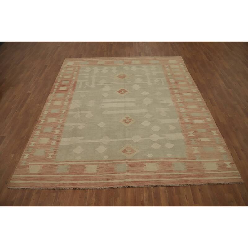 Hand Woven Oriental 100% Wool Carpet Southwestern Tribal Greys & Charcoal Kilim Area Rug - 9' 9'' X 8' 4''