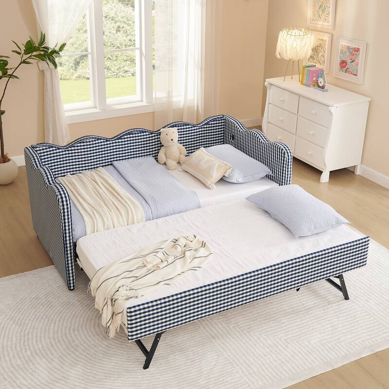 Twin Gingham Daybed with Trundle - USB Ports, Wave Design, Linen Fabric, No Box Spring - Blue