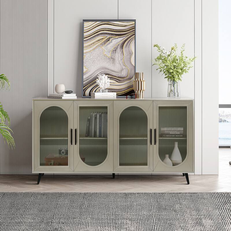 GDFStudio - Azureline Modern Wooden TV Stand with Glass Doors and Adjustable Storage for 65+ Inch TVs - Champagne
