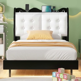 Platform Bed with Upholstered Backrest Headboard and USB Charging, Storage Single Bed LED Light Bed Frame for Night's Sleep