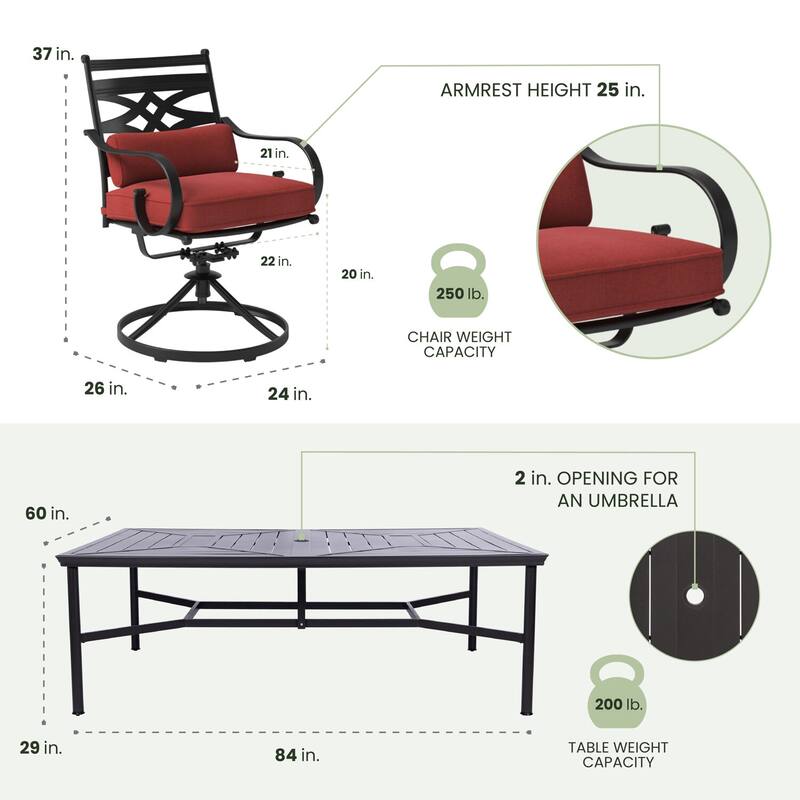 Hanover Montclair 11-Piece Dining Set in Chili Red with 10 Swivel Rockers and a 60-In. x 84-In. Table