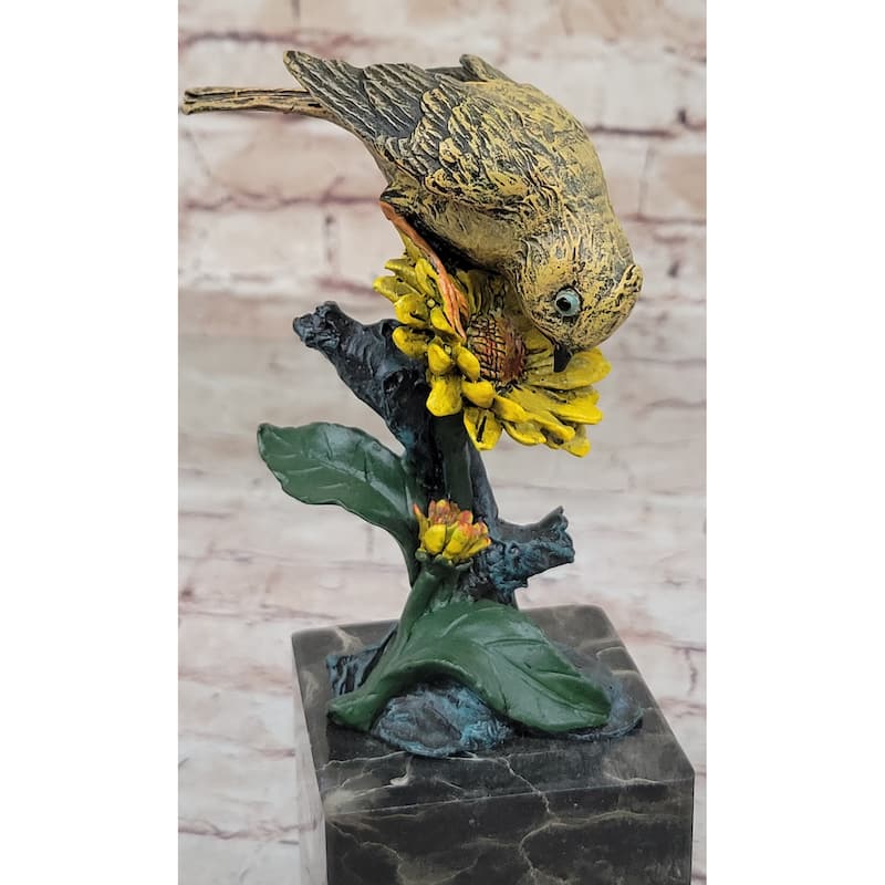 Hot Cast Bronze Sparrow Finch Yellow Bird On Marble Base - Original Art By Milo