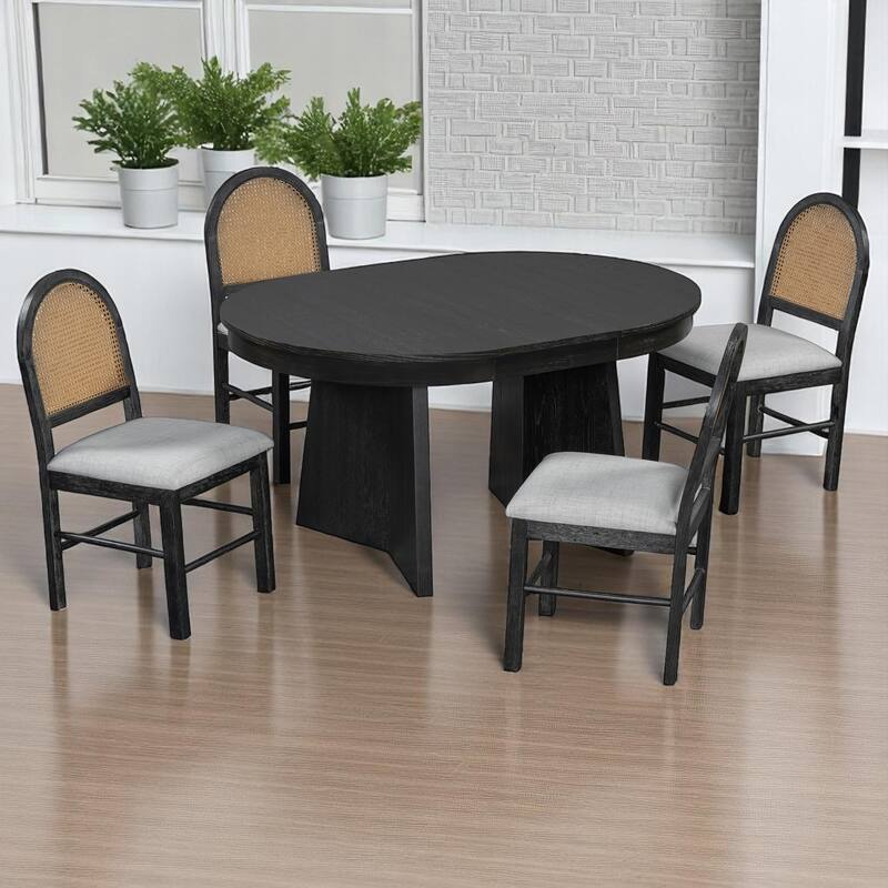 5-Piece Retro Extendable Dining Table Set for 4 with Upholstered Chairs and Rattan Backrests, Kitchen Table Set for Dining Room - Espresso
