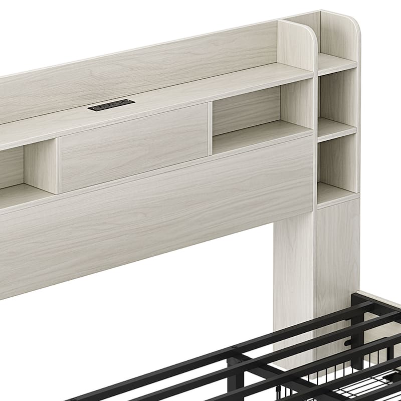 Queen/King Size LED Bed Frame with Bookcase Headboard, 4 Storage Drawers and Charging Station