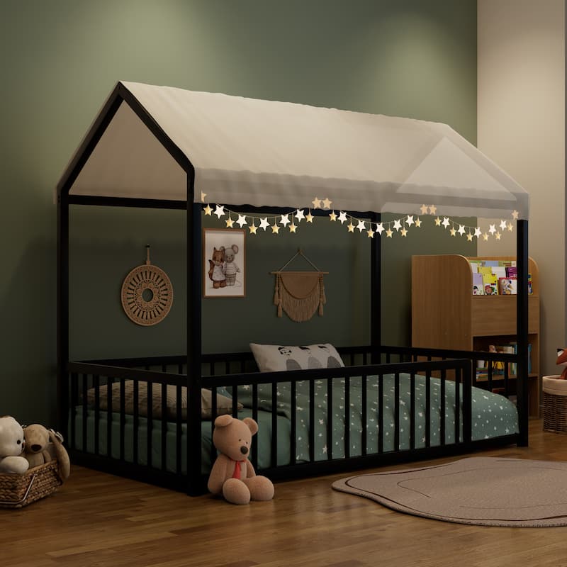 Montessori Style Metal Floor Bed Frame, House Shaped Bed for Kids and Toddlers, No Slats, House Bed