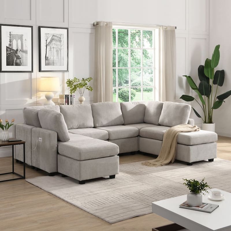 103" U-Shaped Free Combination Modular Sectional Sofa with Two Movable Ottomans and Three USB Ports - Grey