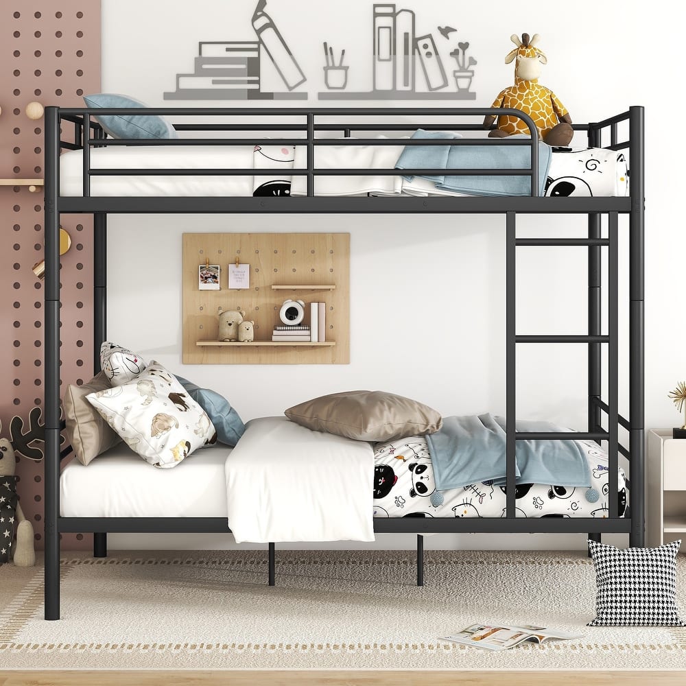 Iron Detachable Bunk Bed Frame, Split Into 2 Beds, Heavy Duty Metal Bunk Bed with Ladder and Guardrail