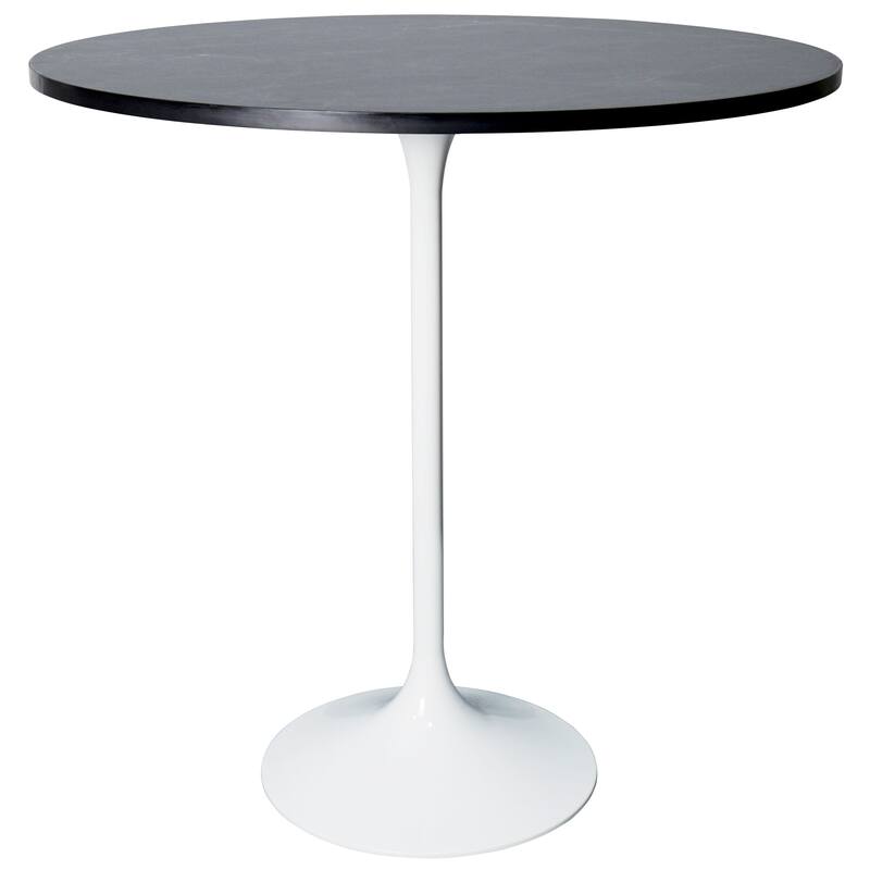 LeisureMod Verve 36" Bar Dining Table with Sintered Stone Round Top in White Steel, White Marbleized - Black Marbleized