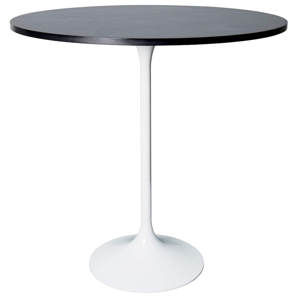 LeisureMod Verve 36" Bar Dining Table with Sintered Stone Round Top in White Steel, White Marbleized