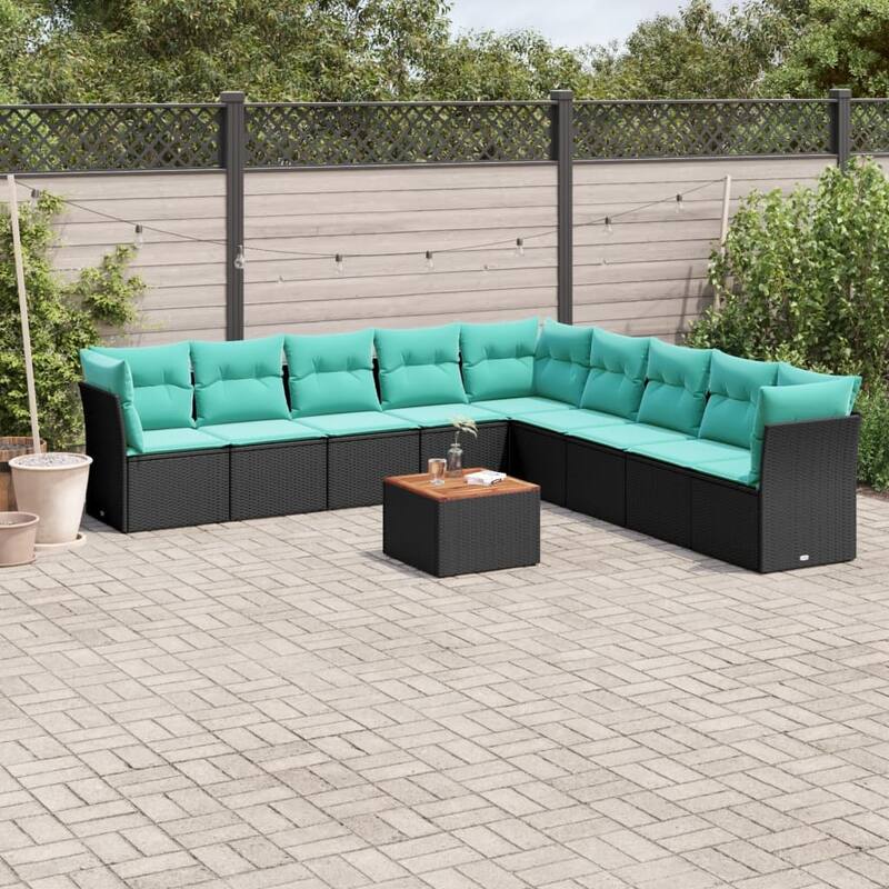 vidaXL 10 Piece Patio Sofa Set with Cushions Black Poly Rattan - 113.8x33.5x113.8