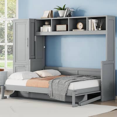 Roomfitters Full Size Murphy Bed Wall Bed with Closet, Storage Shelves and Drawers, Gray