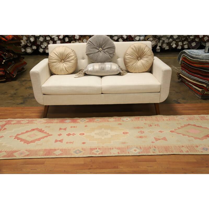 Hand Woven Oriental 100% Wool Carpet Southwestern Tribal Beige & Ivories Kilim Runner Rug - 10' 0'' X 2' 9''