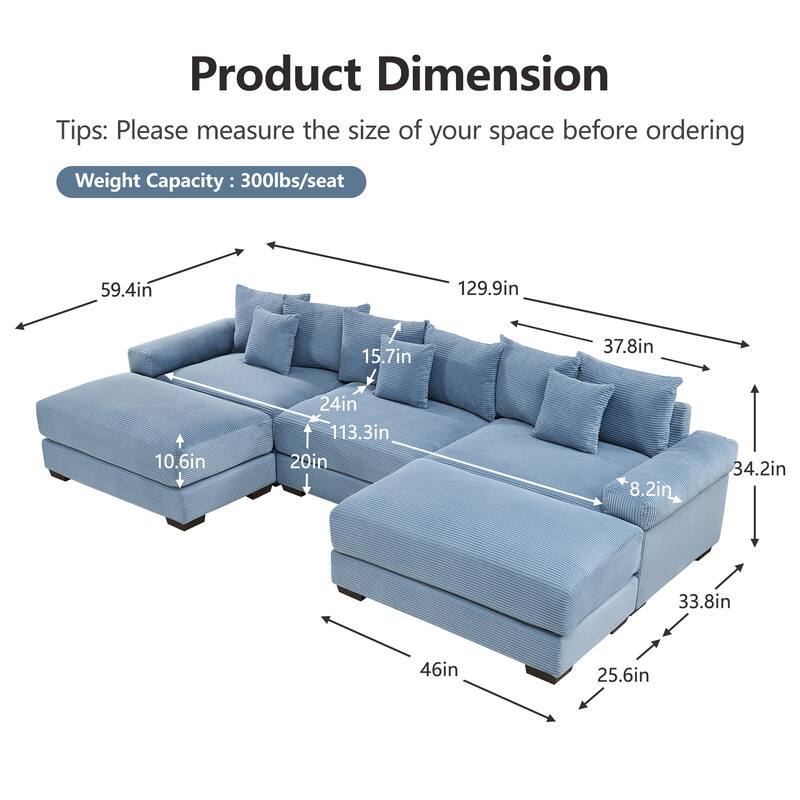 Roomfitters 130 Inch Modular Sectional Couch, Oversized Corduroy 3-Seater with Deep Seats, Blue