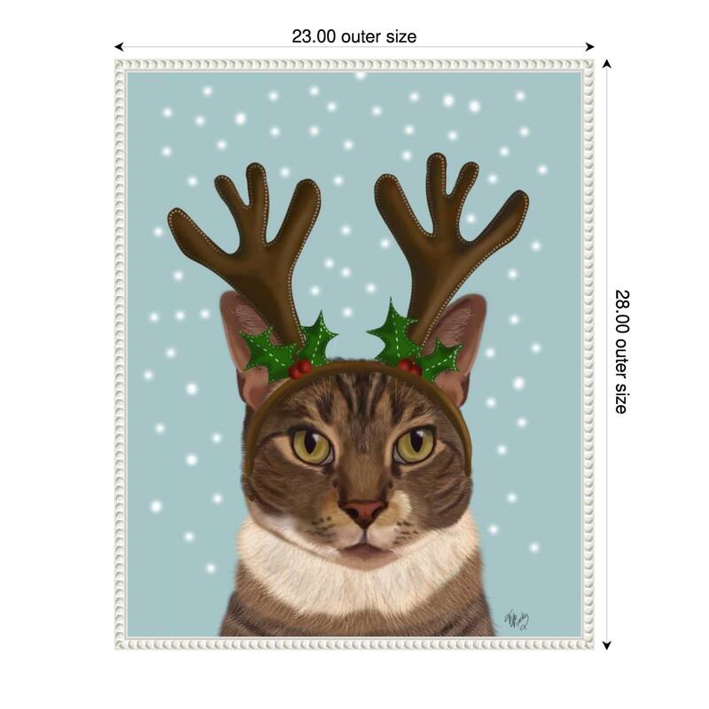 Calico Cat and Antlers by Fab Funky (23 x 28 in.), Framed Canvas Wall Art Print - Sylvie Beaded White