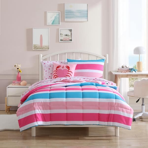 slide 2 of 10, Nautica Kids Cru Stripe Pink Comforter Bonus Set