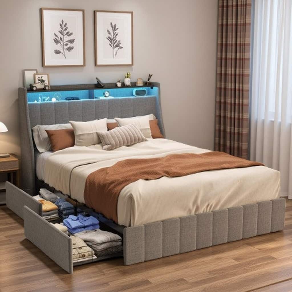 Queen Size Bed Frame with RGB LED Lights, 4 Under-Bed Storage Drawers, Wingback Headboard, Light Grey Upholstery